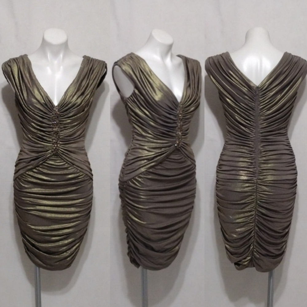 Tadashi Shoji Ruched Beaded Bodycon Cocktail Dress V-Neck Stretchy Glam Chic S